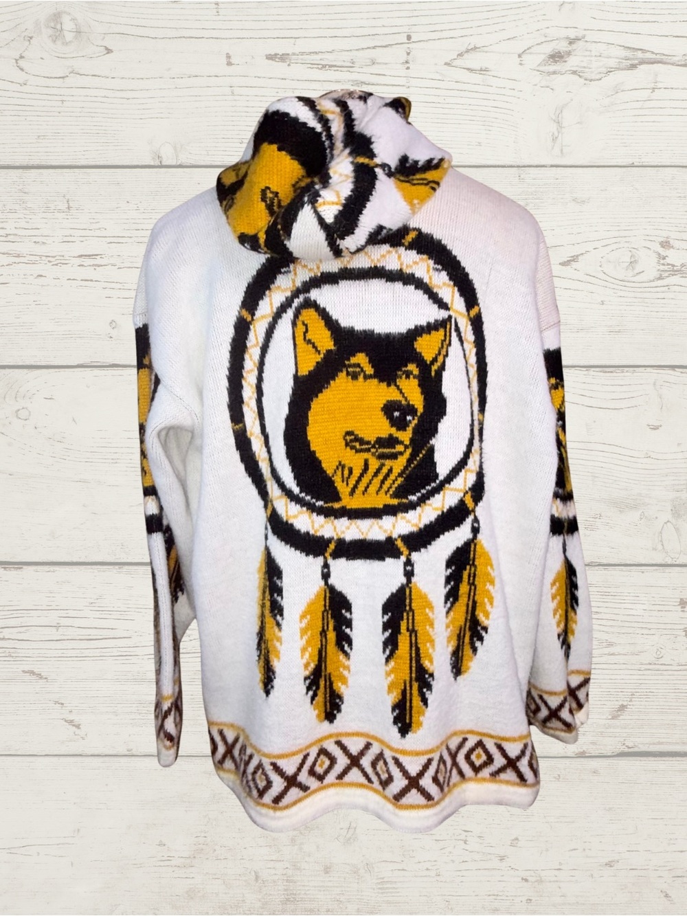 Vintage 90s Tejidos Imalaya Wool Wolf Dreamcatcher Hooded Full Zip Sweater L/XL - Picture 3 of 12